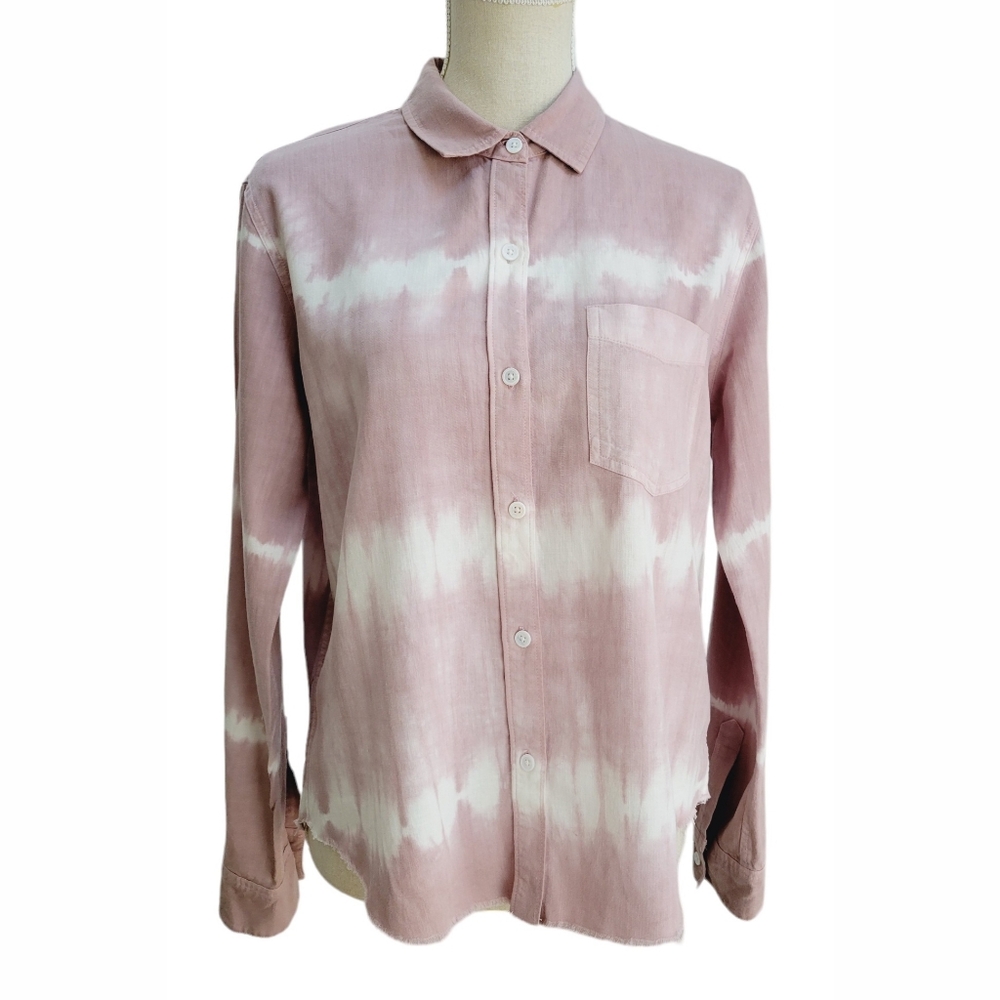 Rails Ingrid Raw Hem Button‎ Down Shirt Mauve White Waves